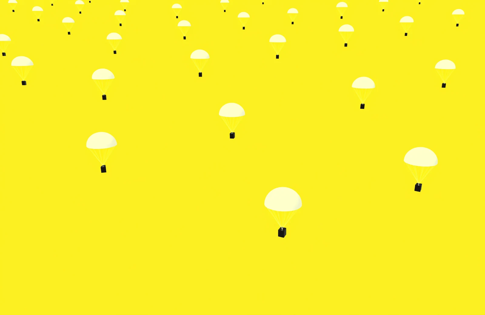 A wide field of small white parachutes at varying heights